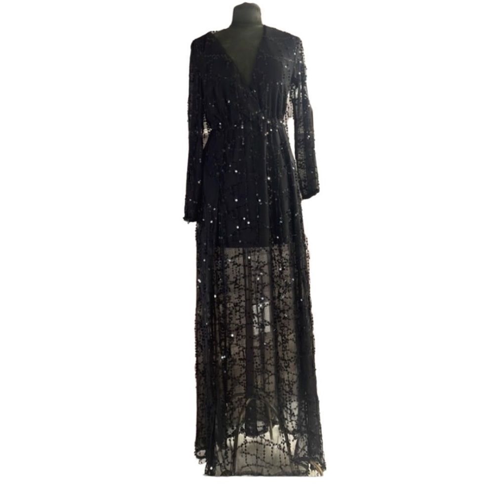 Miss Ord Sequined Black Maxi Dress, Size M, Black Sequins